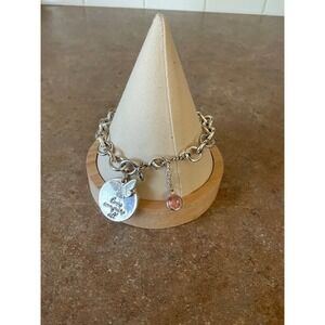 American Eagle Love Conquers All Charm Bracelet Silver Tone Pink Stone Butterfly